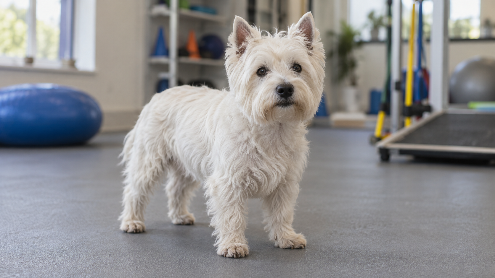 West Highland White Terrier dans une salle de rééducation — image d’illustration